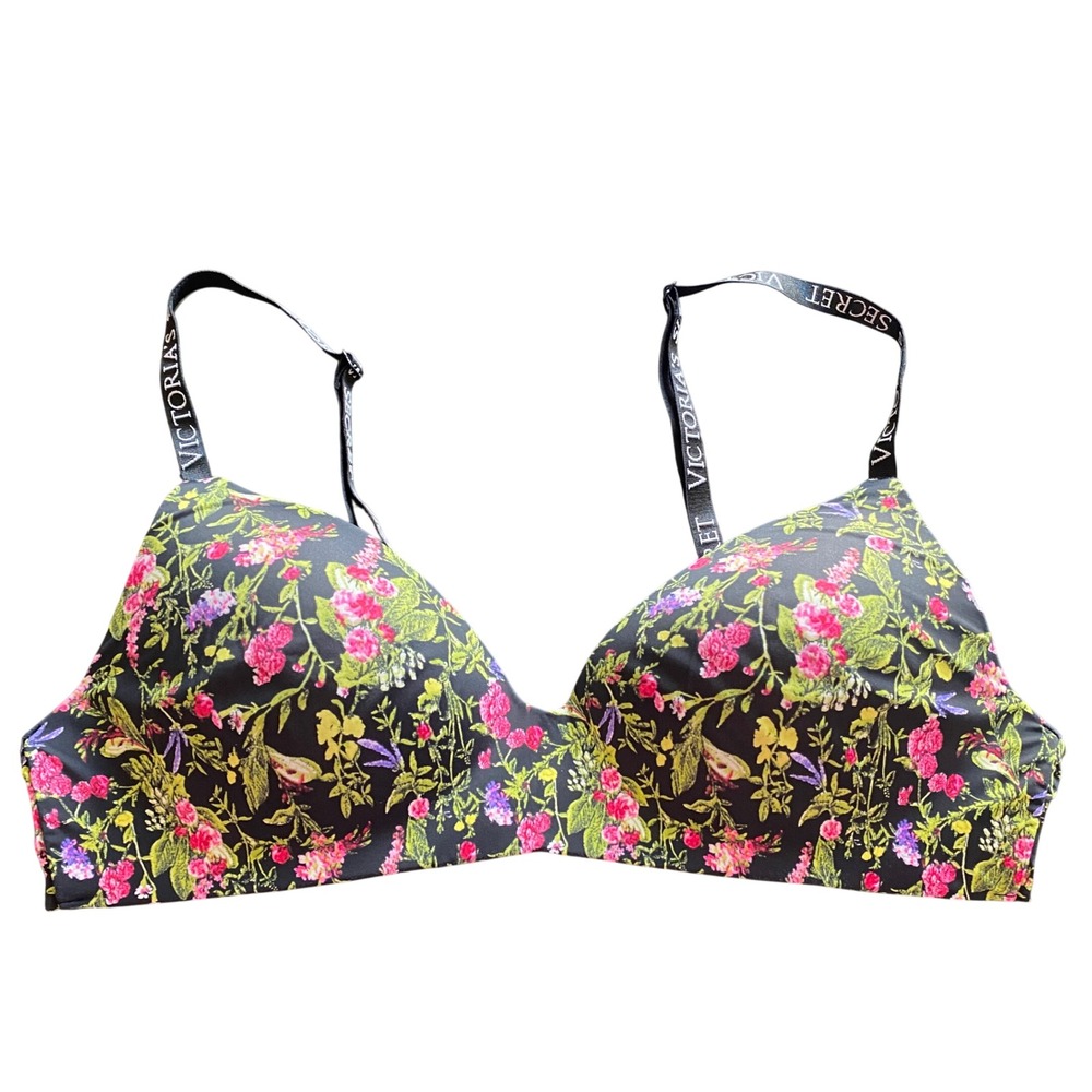 Victoria's Secret Floral Wireless T-Shirt Bra 38B Black Pink Logo Straps